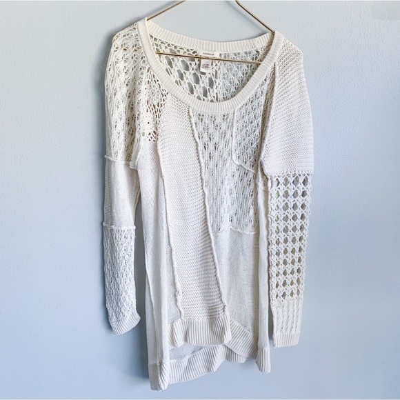 Sundance linen cotton crochet patchwork scoop neck knit sweater cream size large - Picture 1 of 5
